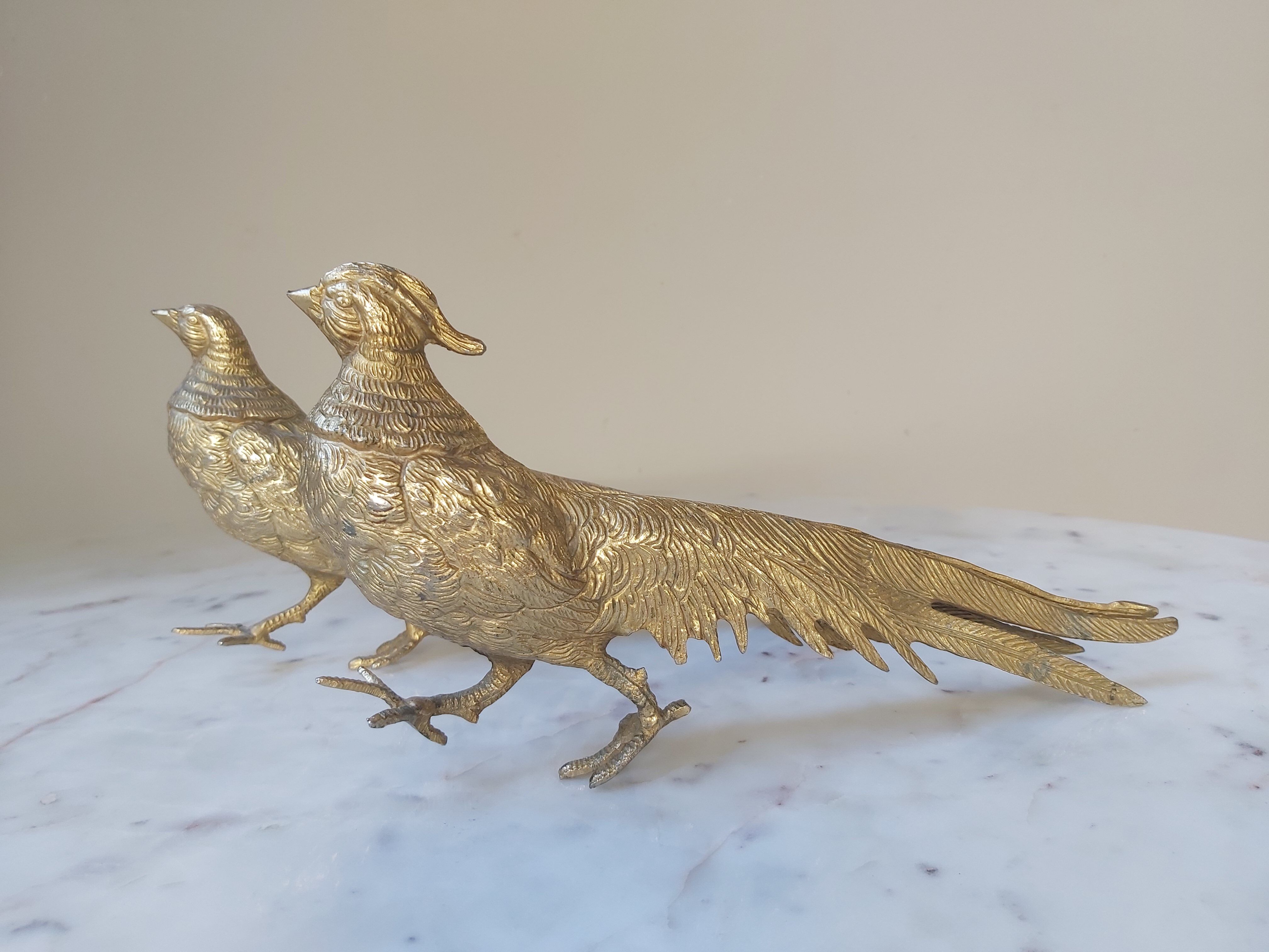 Set of 2 brass sculptures, pheasant couple