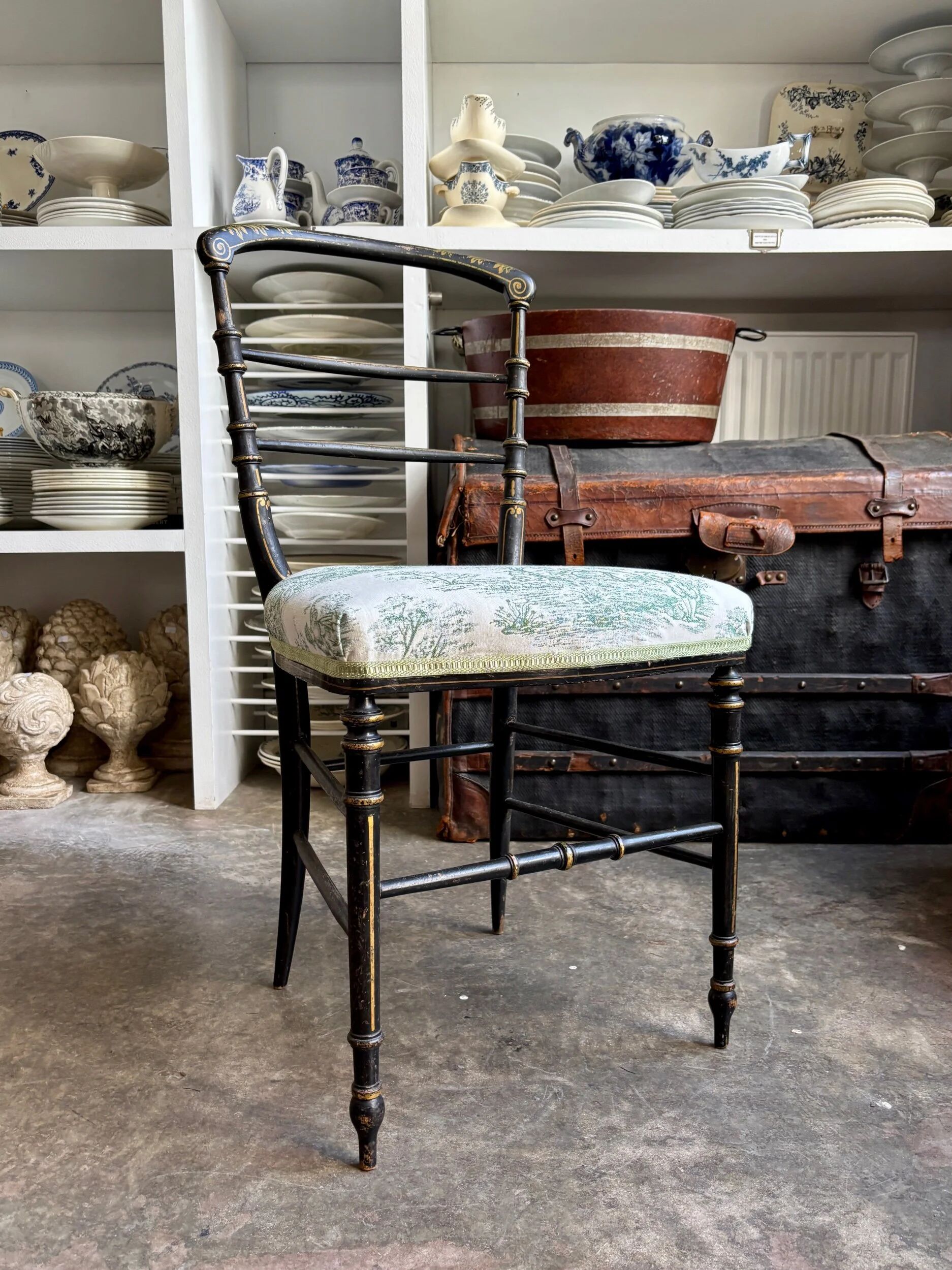Napoleon III chair in blackened wood and green toile de Jouy.