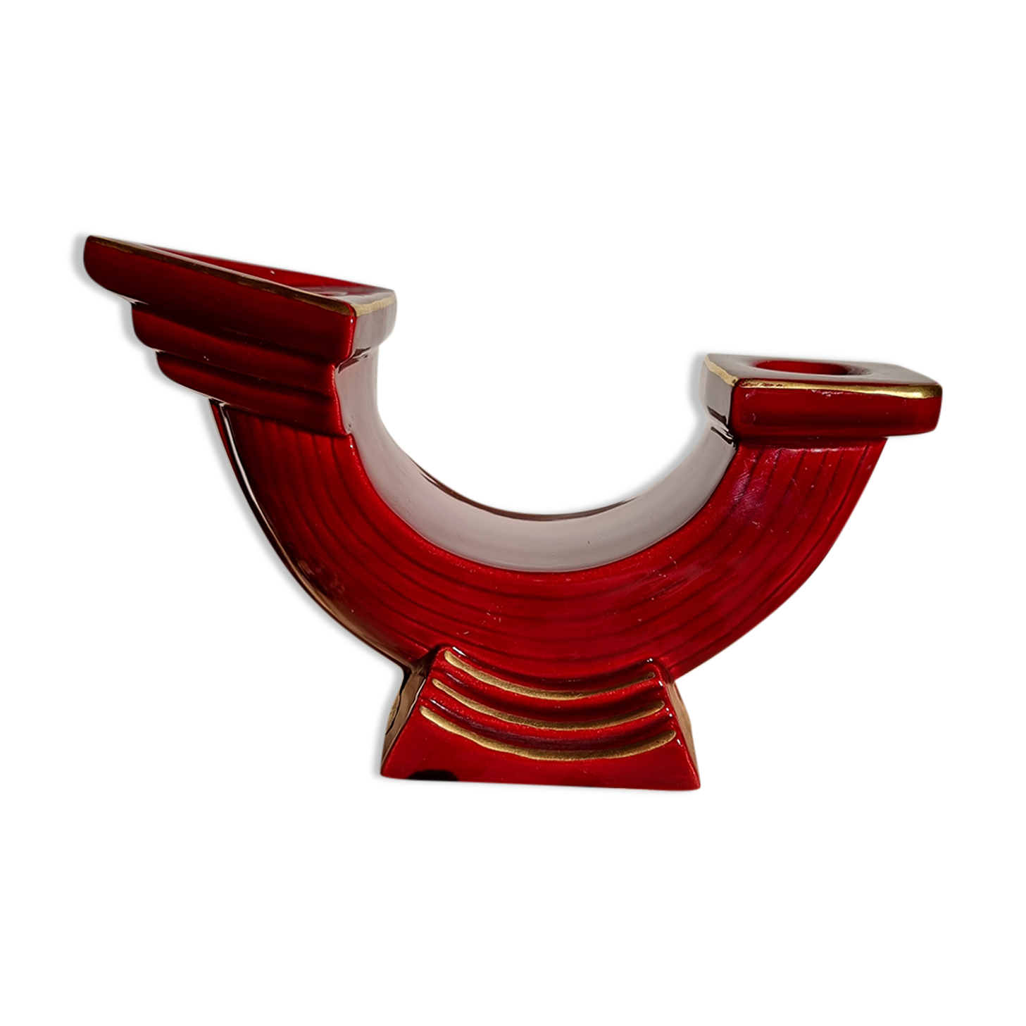 Double ceramic candle holder burgundy gilded