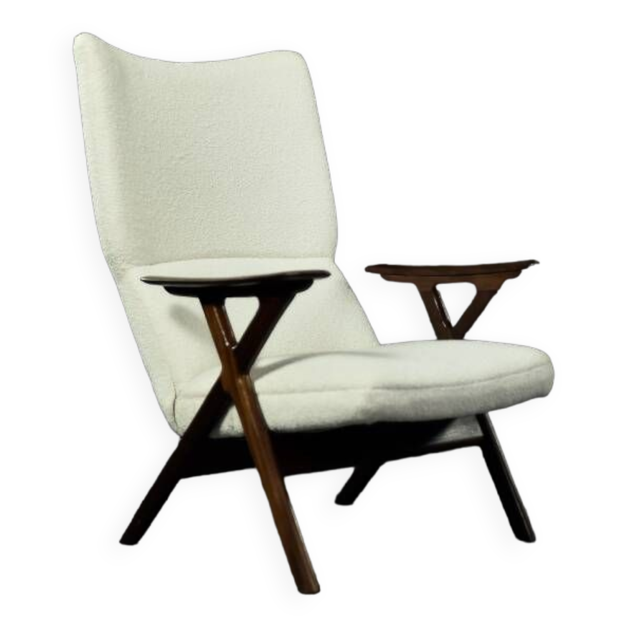Fauteuil haut de salon vintage en teck et tissu bouclé blanc du milieu du siècle norvégien, années 1960