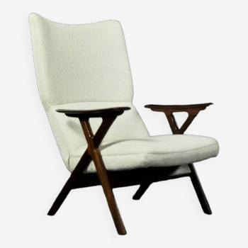 Vintage Mid-Century Norway Modern Teak & White Boucle Fabric High Lounge Chair, 1960s
