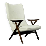 Fauteuil haut de salon vintage en teck et tissu bouclé blanc du milieu du siècle norvégien, années 1960
