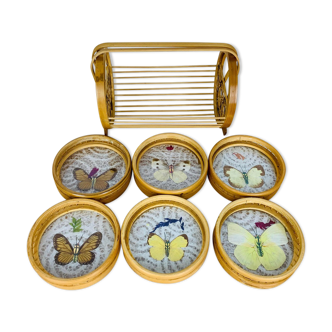 6 butterfly and wicker coasters 60s