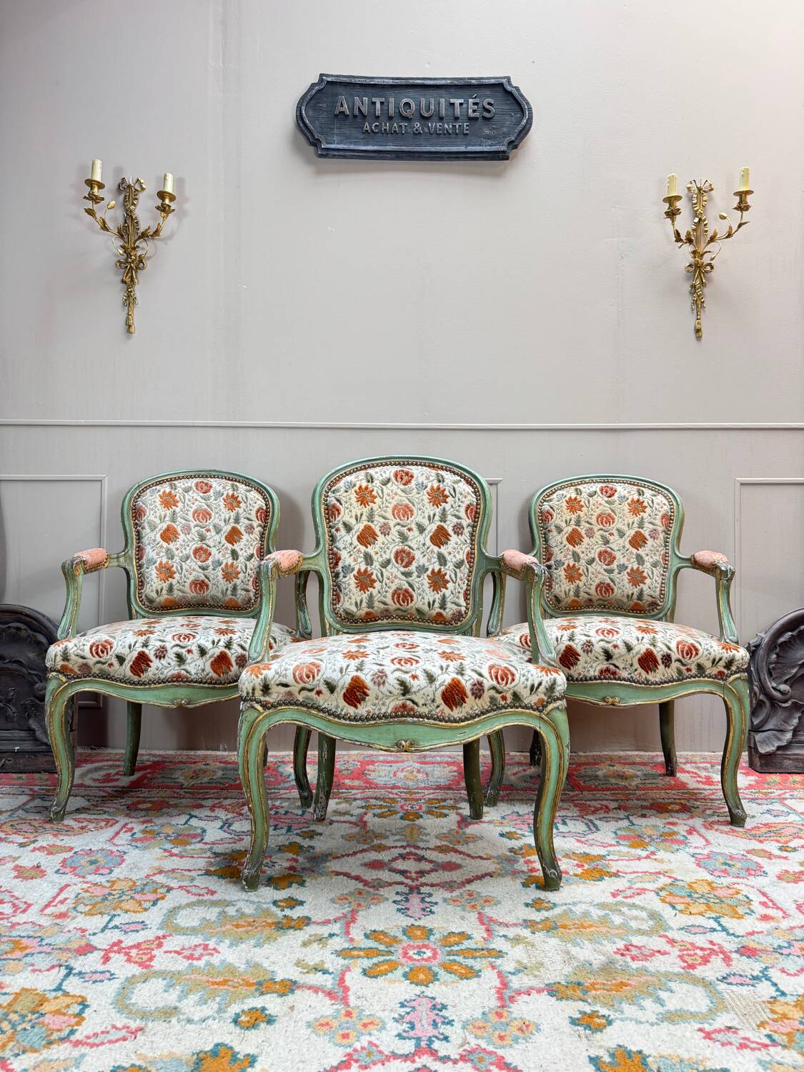 Set of Three Louis XV Style Lacquered Wood Armchairs, 19th Century
