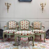 Set of Three Louis XV Style Lacquered Wood Armchairs, 19th Century