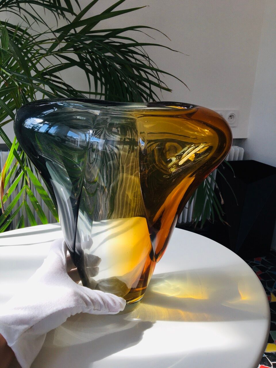 Mid-century blown crystal tricolour vase by Per Lütken
