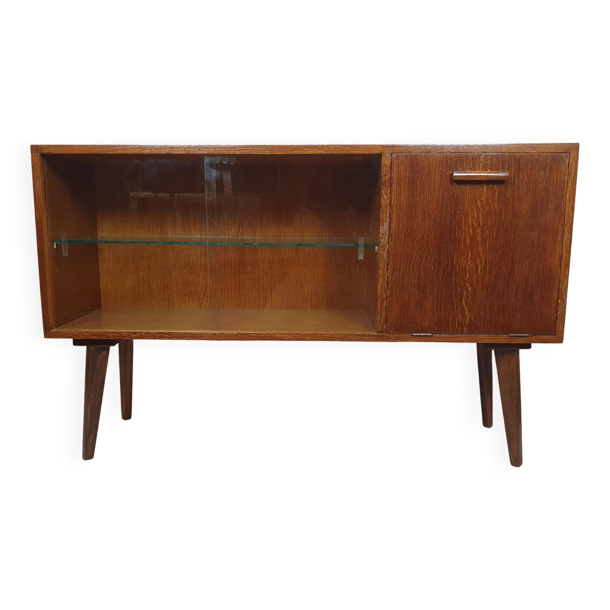 Renovated oak display cabinet with a bar on slanted legs