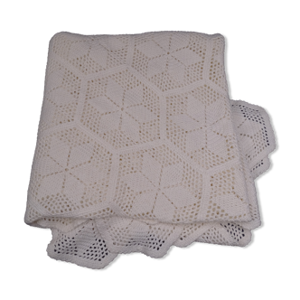 Round white cotton and crochet tablecloth 1950