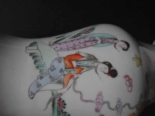 Ancien Vase Balustre Chinois Porcelaine Chine Poeme Marque Qing Xix
