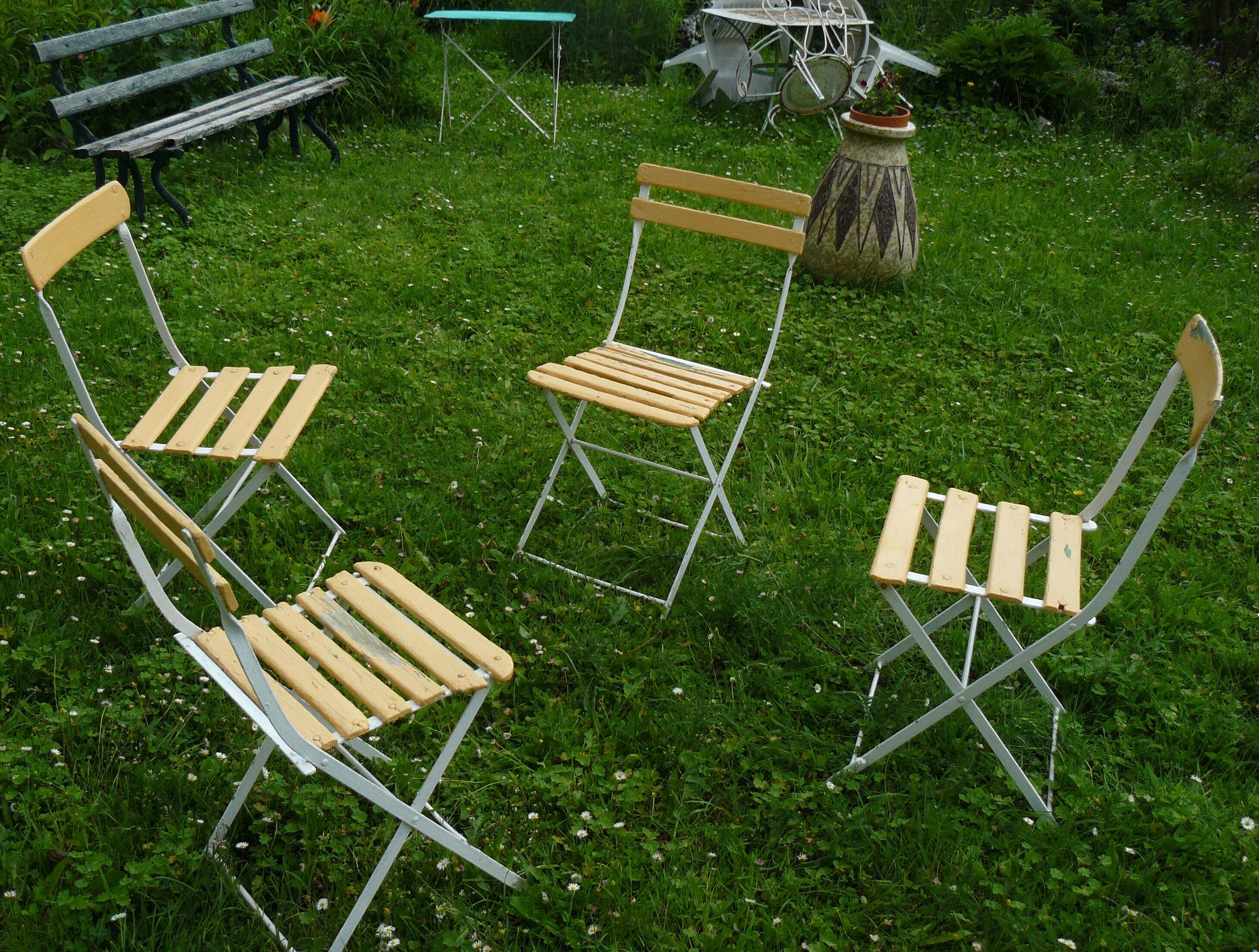 Lot de 4 chaises de jardin pliantes à lattes vintage 1940