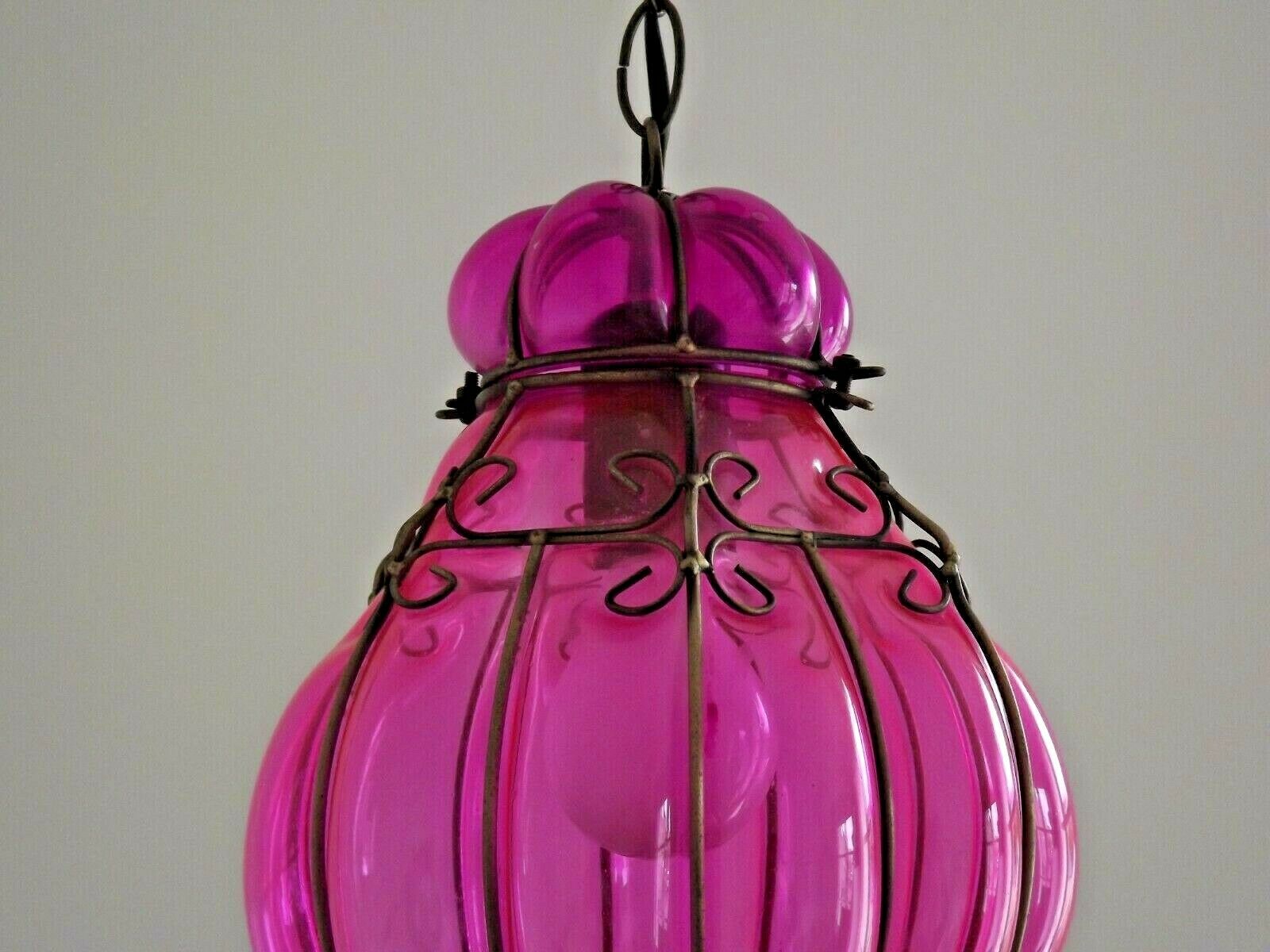 Beautiful Shaded Deep Pink  Murano Blown Glass Wrought Iron Ceiling Light
