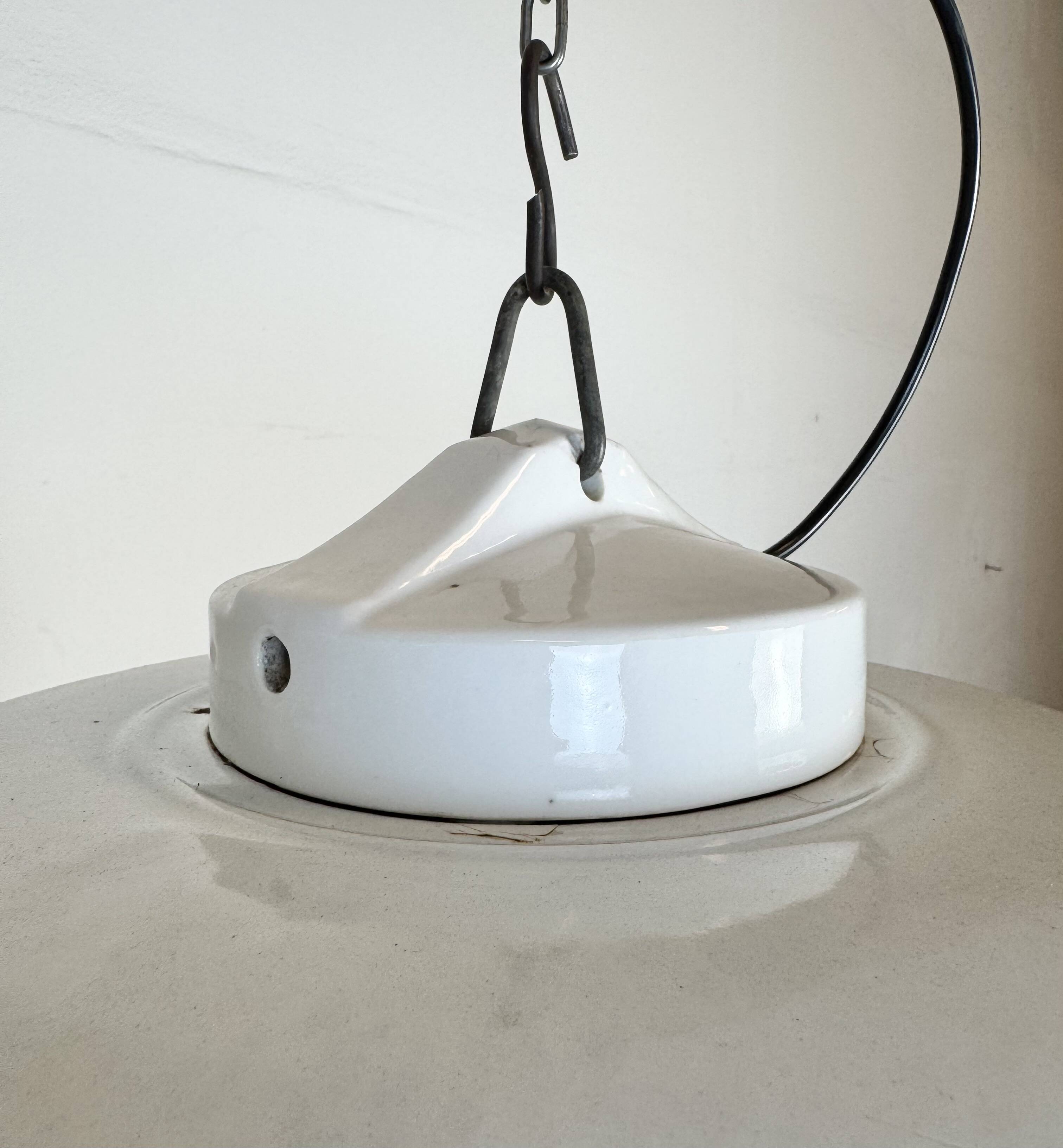 Industrial Grey Enamel Factory Pendant Lamp with Glass Cover, 1960s