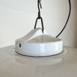 Industrial Grey Enamel Factory Pendant Lamp with Glass Cover, 1960s
