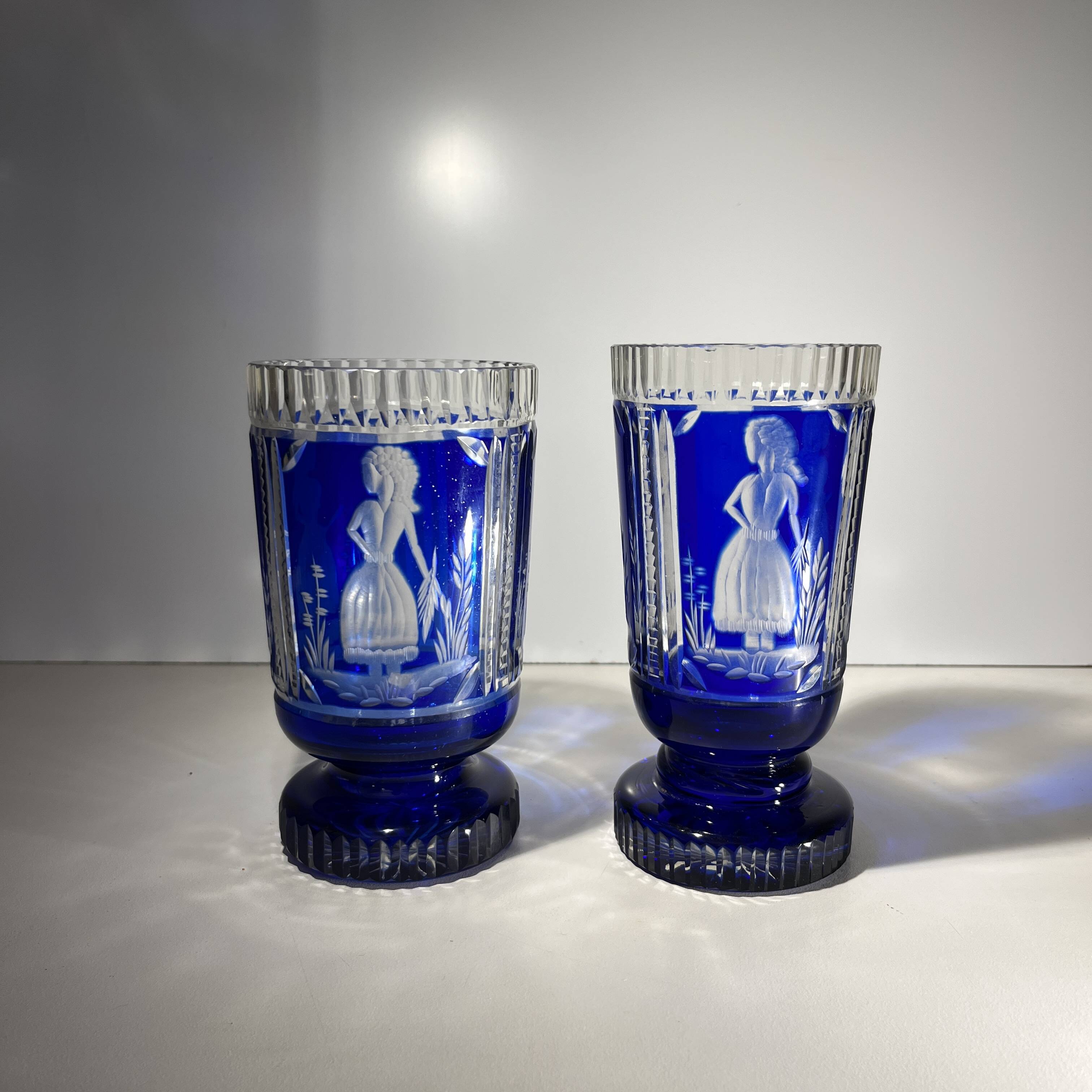 Bohemian crystal, set of 2 cobalt blue cut double glasses, ca 1900