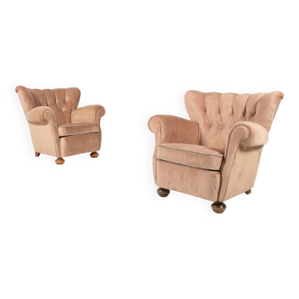 Swedish Modern lounge armchairs in velvet upholstery, 1950’s