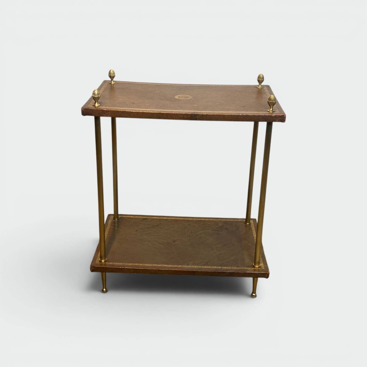 Double Tray Leather Sofa Table in Golden Tawny with Small Iron Details. Brass