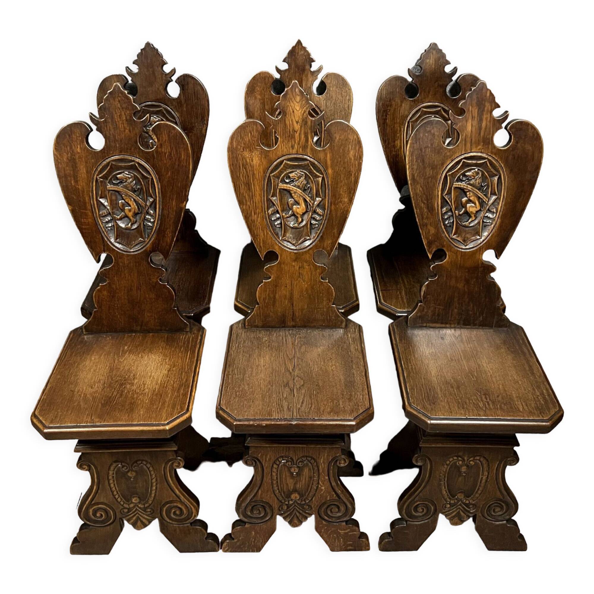Series of 6 chairs called stepladder Renaissance style in richly carved oak around 1850