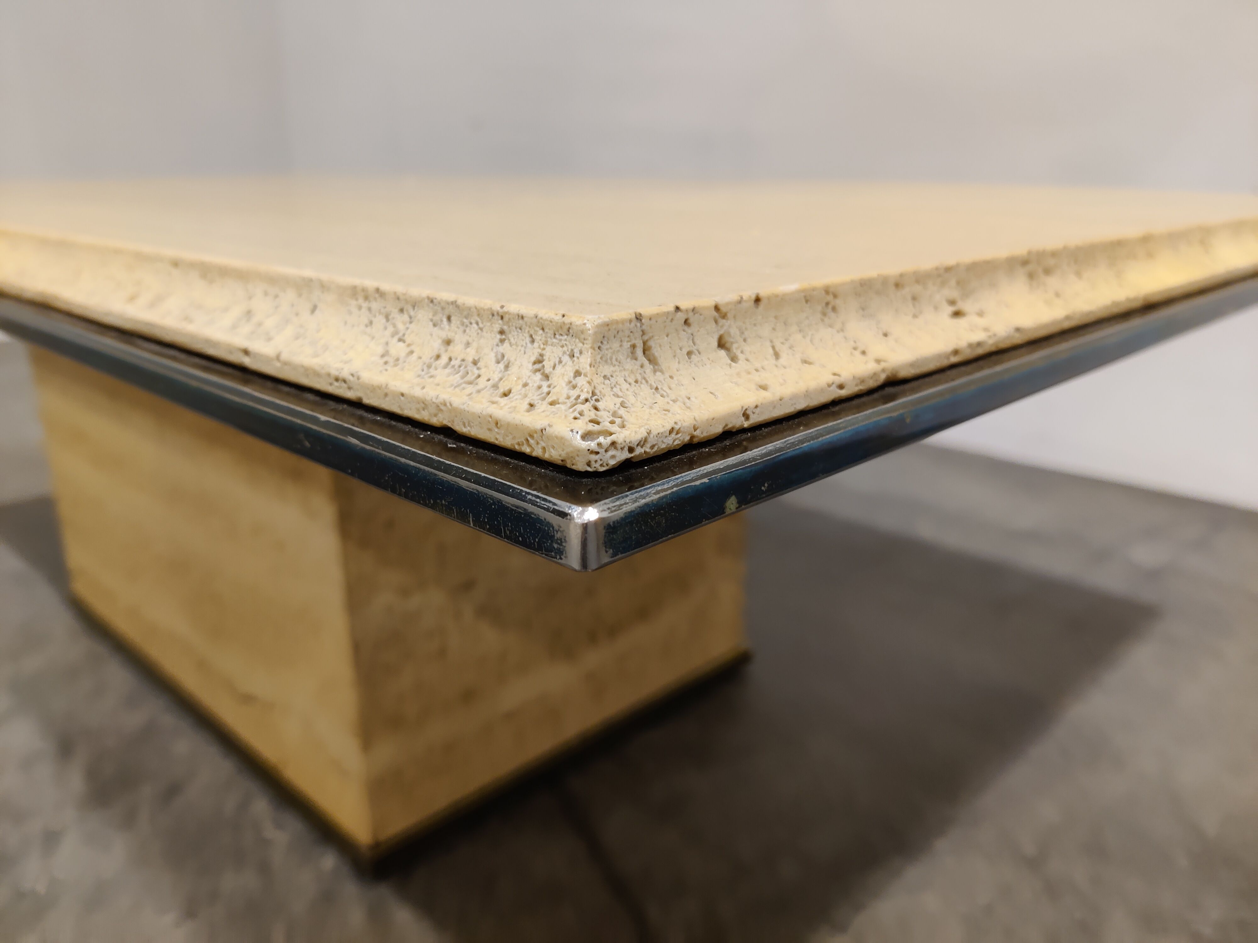 Vintage travertine and brass coffee table by Fedam, 1970s