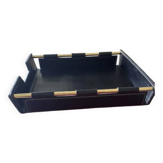 Jacques Adnet Style Desk Tray in Vintage Black Leather