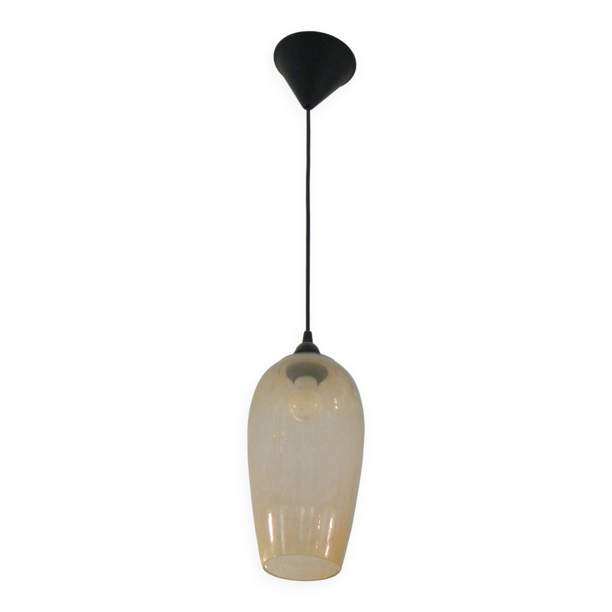 Amber glass suspension light, warm modern interior lighting.