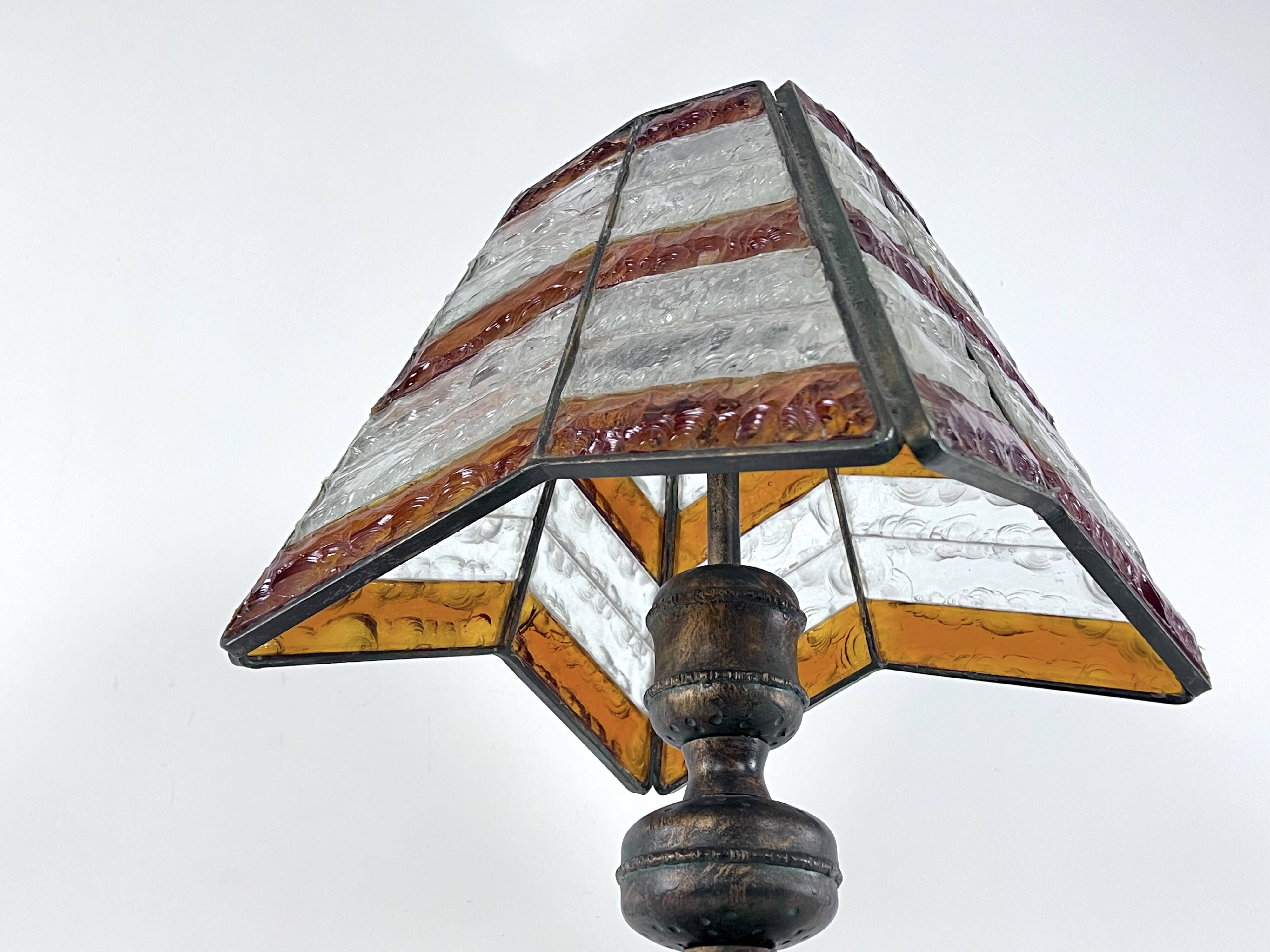 Monumental brutalist thick glass and metal table lamp by Longobard. Italy 1