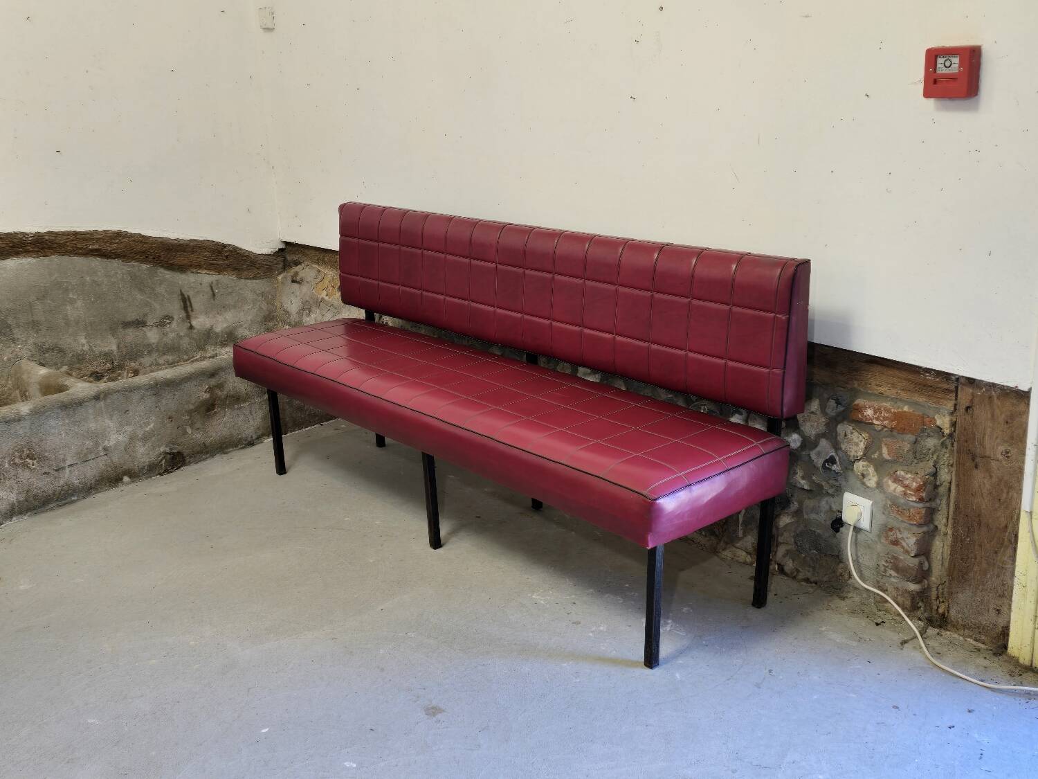 1960s double bistro bench in buttoned burgundy red skai