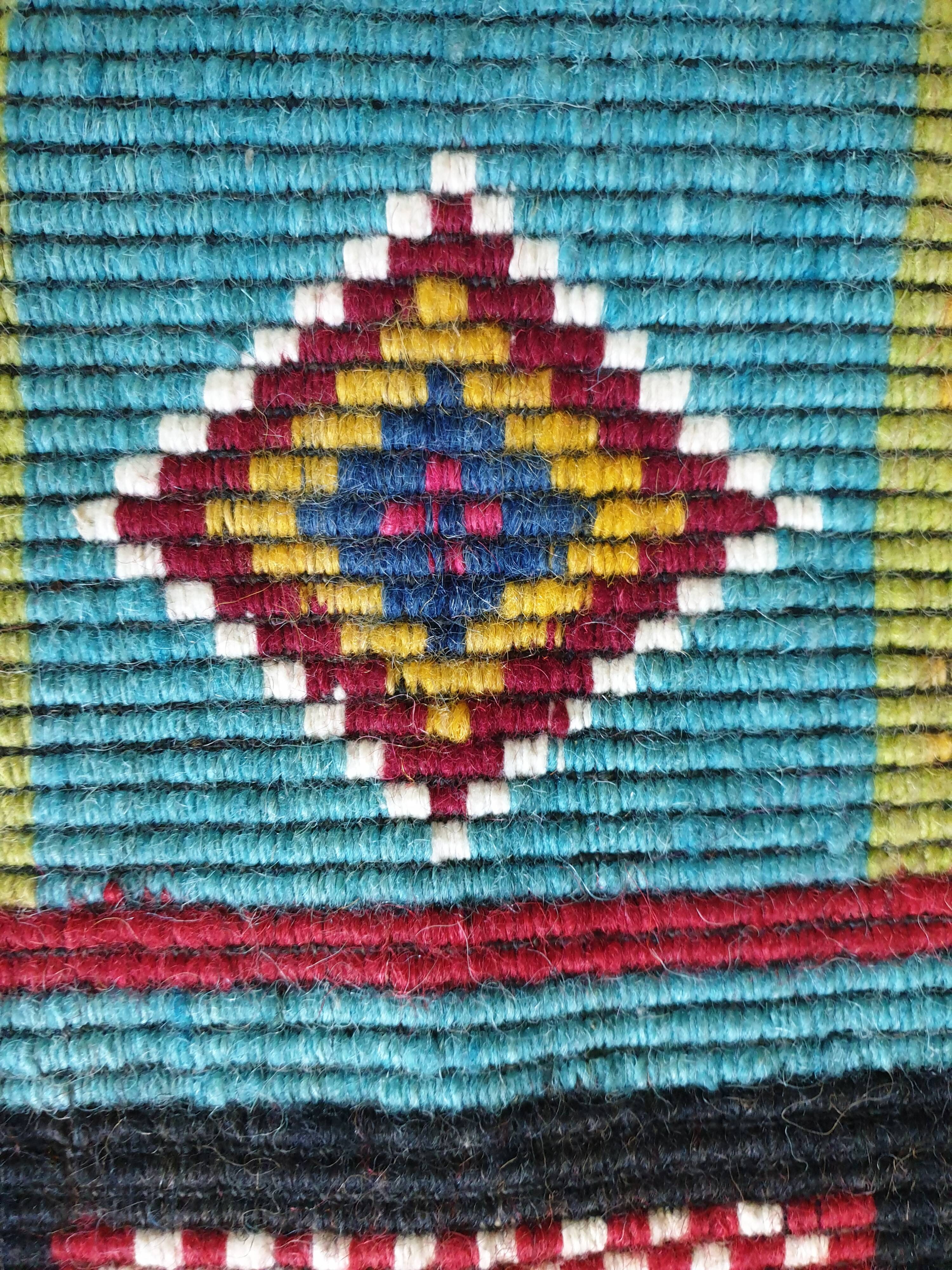 Handwoven vintage accent geometrical rug, colorful wool, Romanian carpet 220x146cm