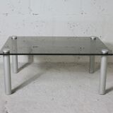 Coffee table cylindrical footings, tray smoked glass, circa 1970