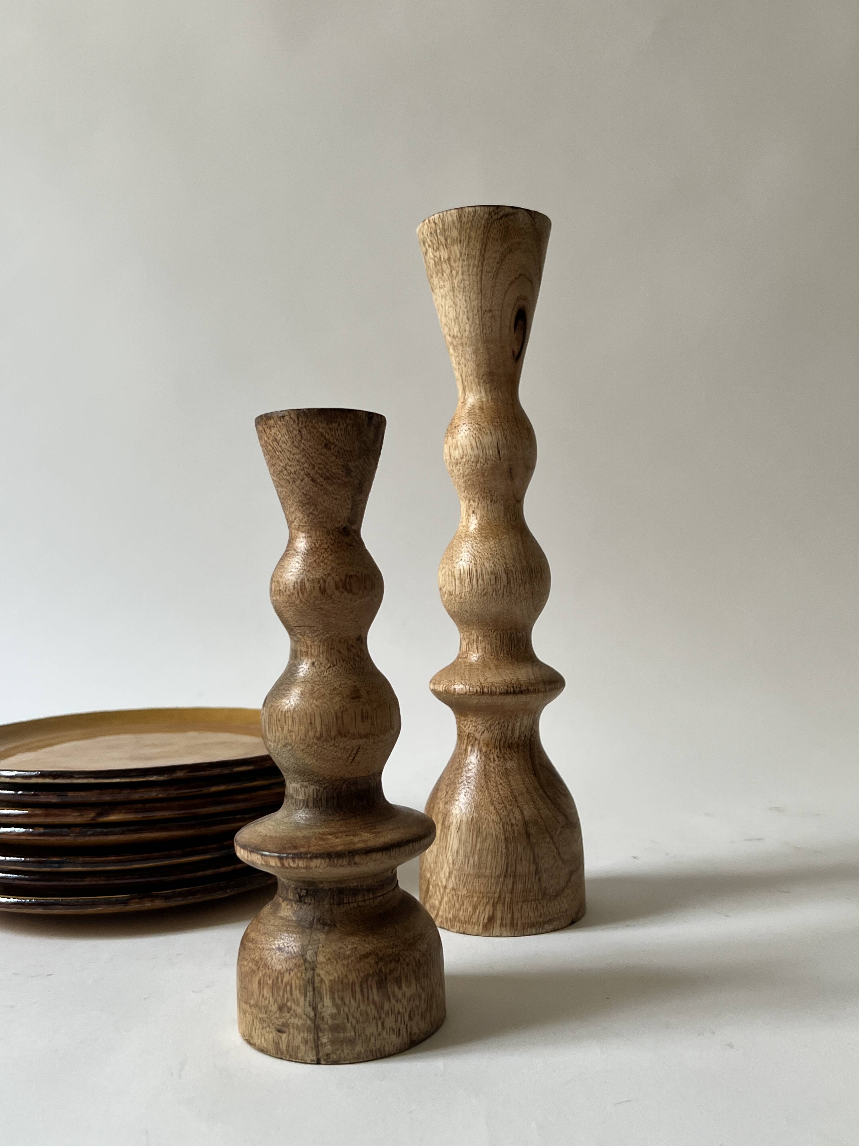 Set of 2 designer candle holders in turned wood