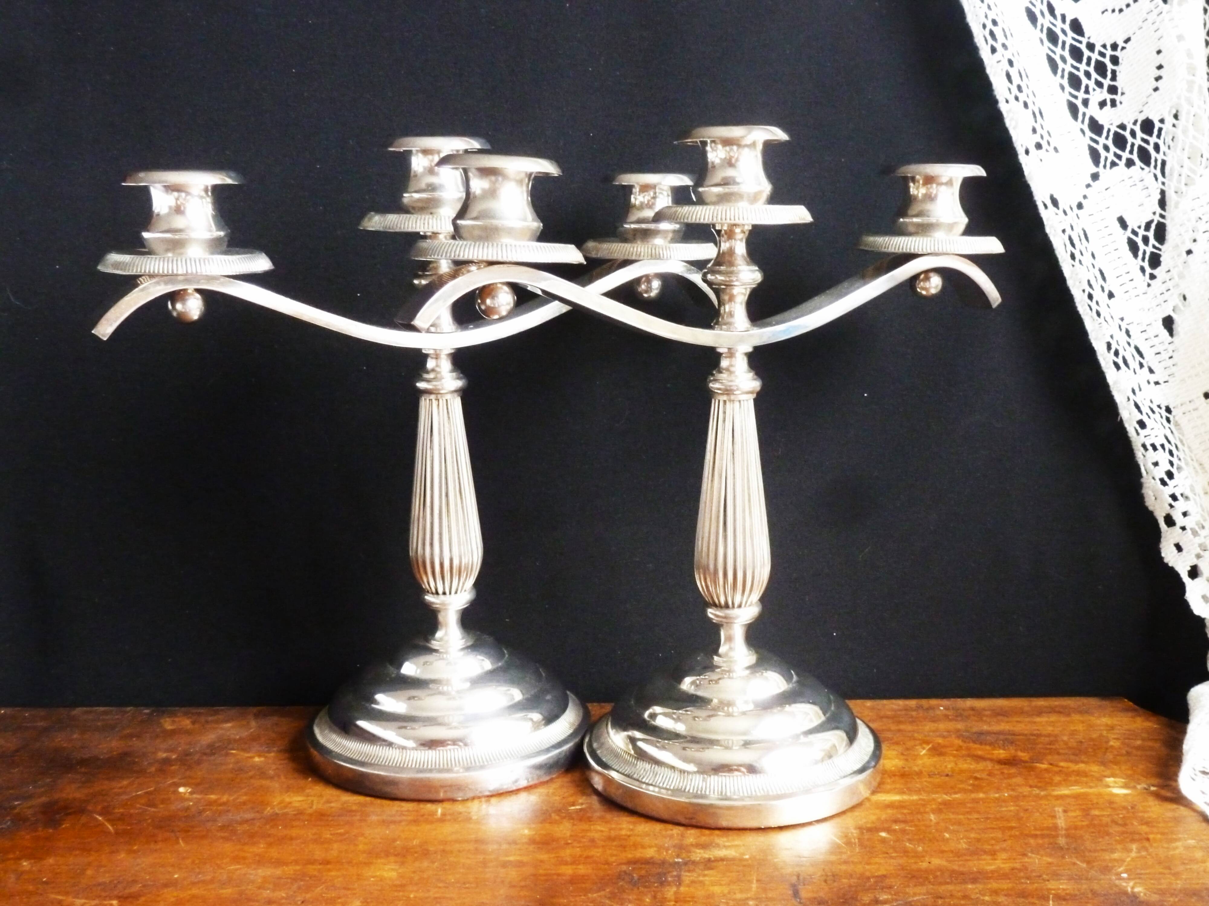 Pair of silver metal candlesticks / 3-branch silver metal candelabras.