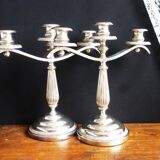 Pair of silver metal candlesticks / 3-branch silver metal candelabras.