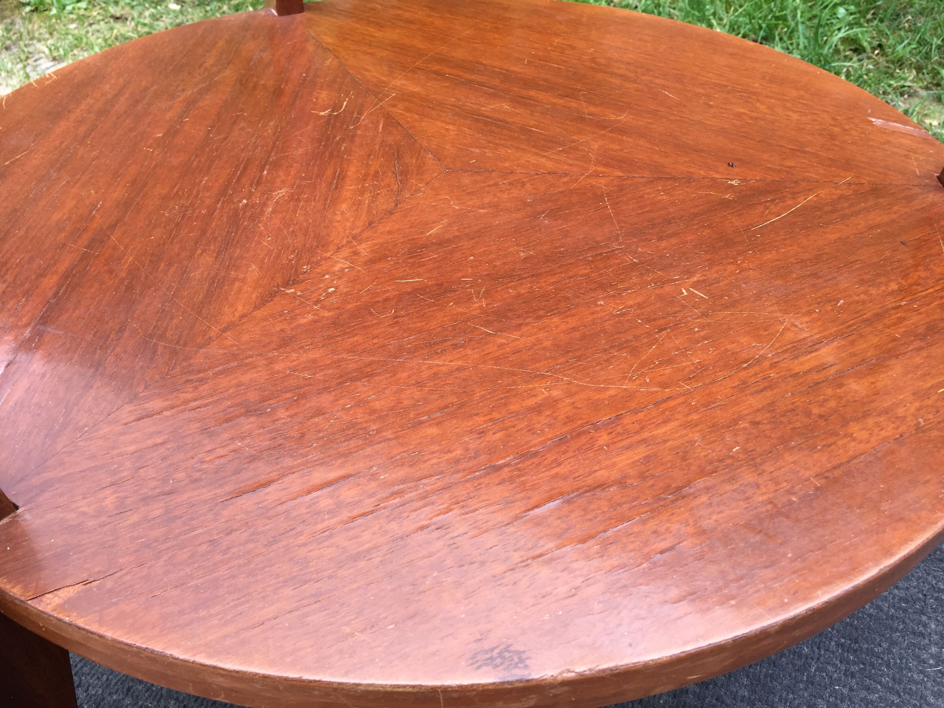 Vintage coffee table round compass legs top in glass and teak wood