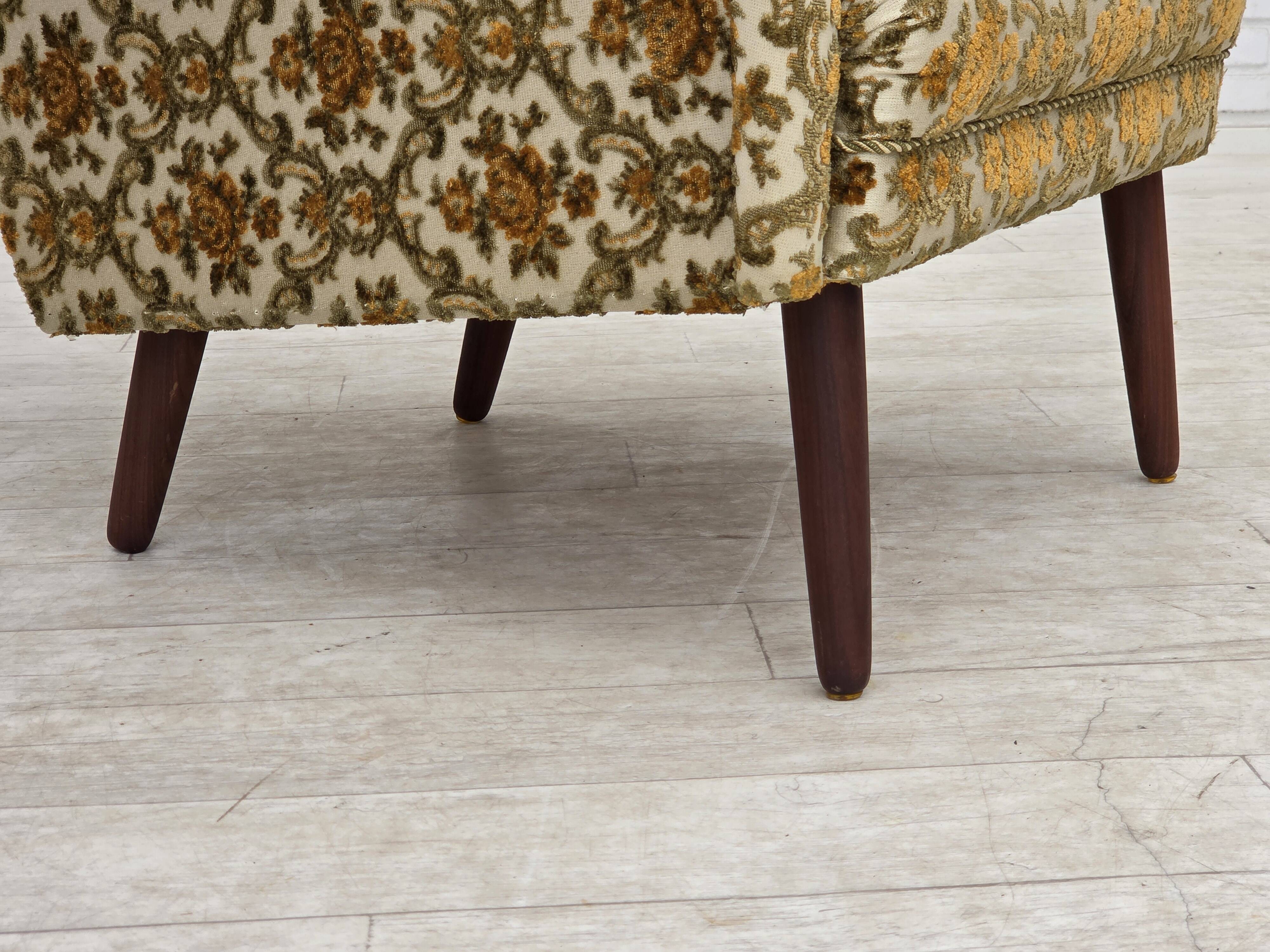 1970s, Danish highback armchair, Brown/beige furniture fabric, teak wood.