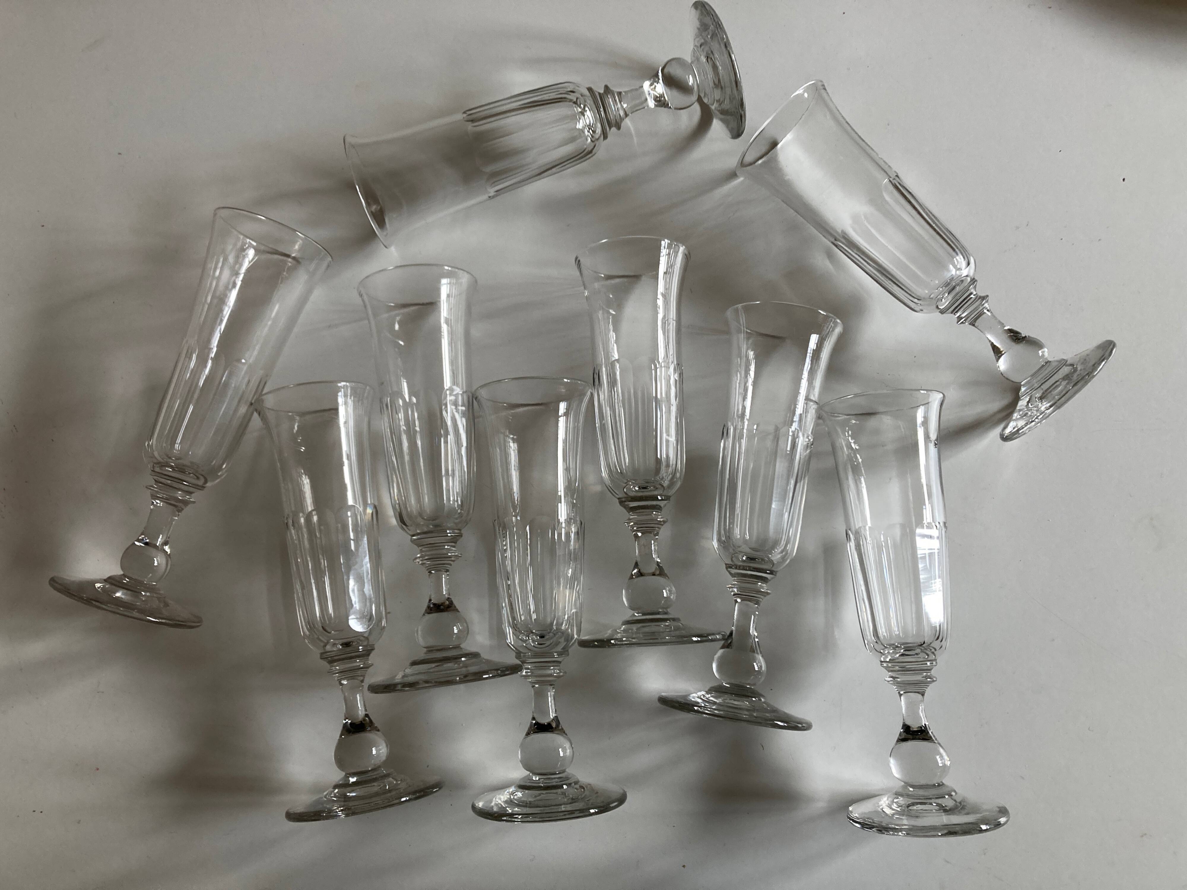 Set of 9 Louis Philippe tulip champagne flutes with flat sides mid 19th