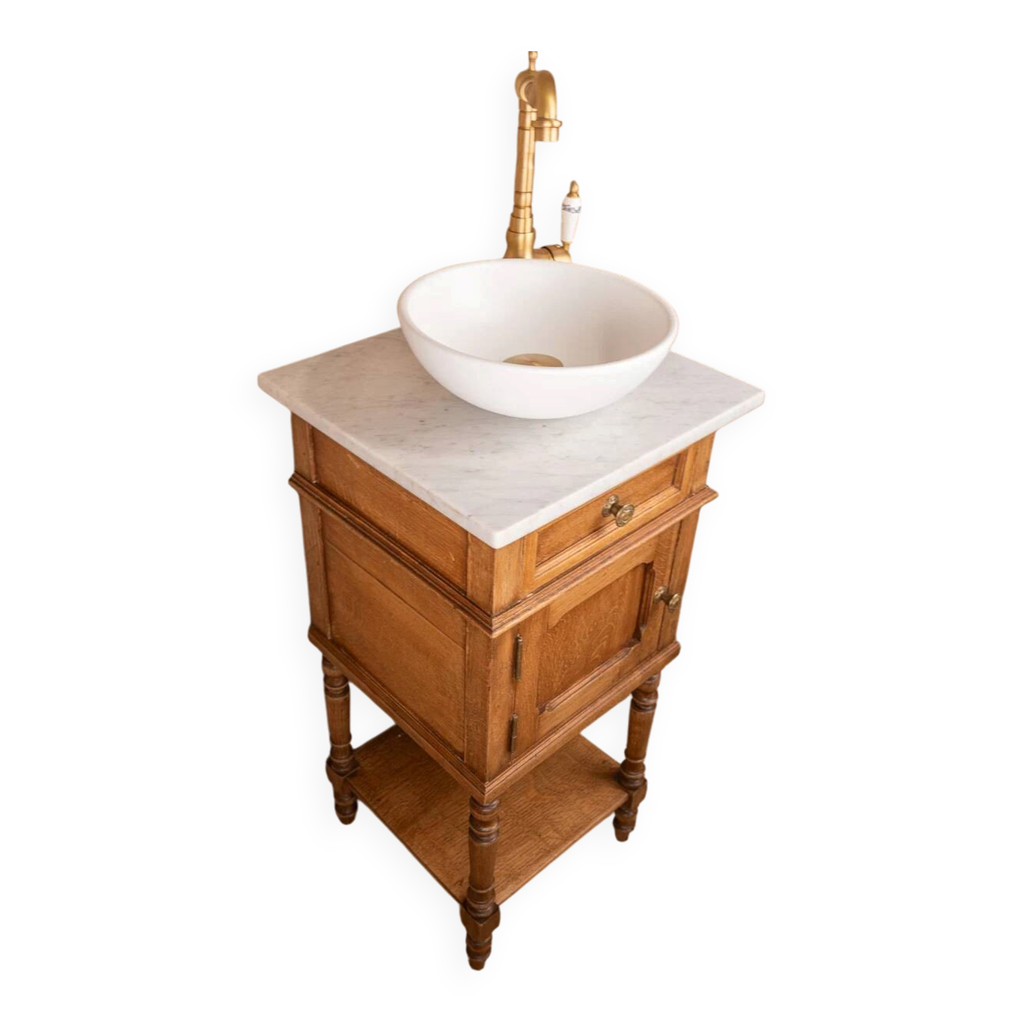 Washbasin / vanity unit in solid oak and white marble