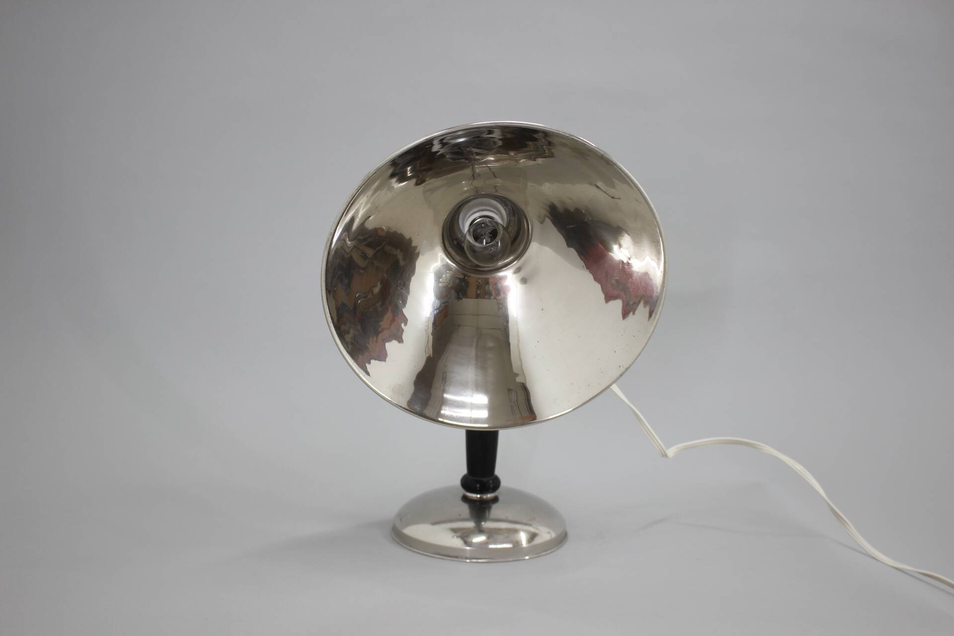 1950s Industrial Chrome & Wood Table Lamp with Ceramic Switch, Czechoslovakia