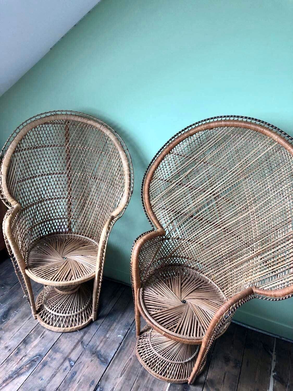 Pair of vintage Emmanuelle armchairs, antique peacock seating furniture