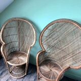Pair of vintage Emmanuelle armchairs, antique peacock seating furniture