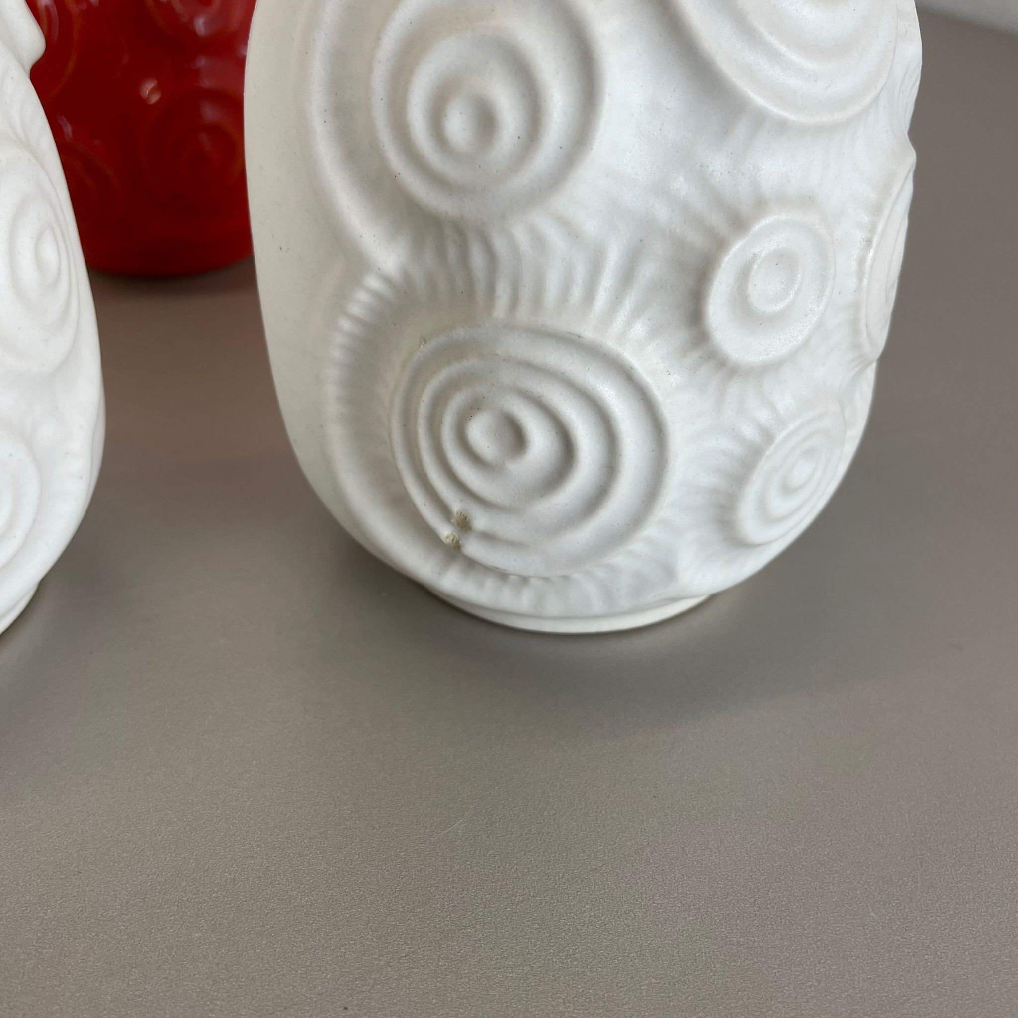 Set of 4 Red-White Fat Lava Op Art Pottery Vases by Bay Ceramics, Germany