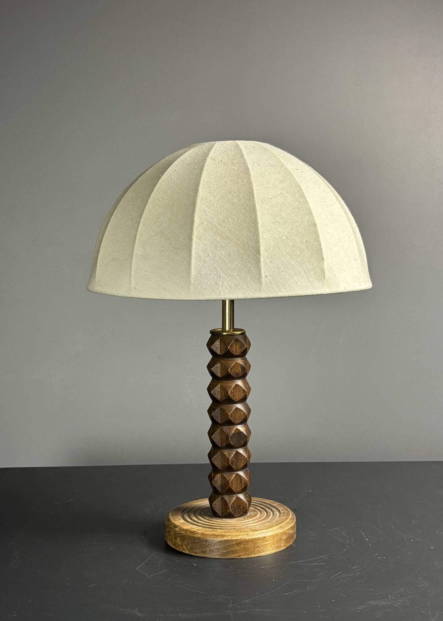 Midcentury brutalist wood turned mushroom table lamp, Charles Dudouyt style