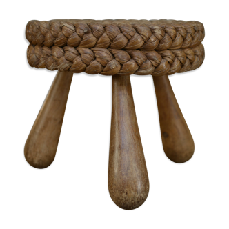 Vintage stool in braided rush France 1950