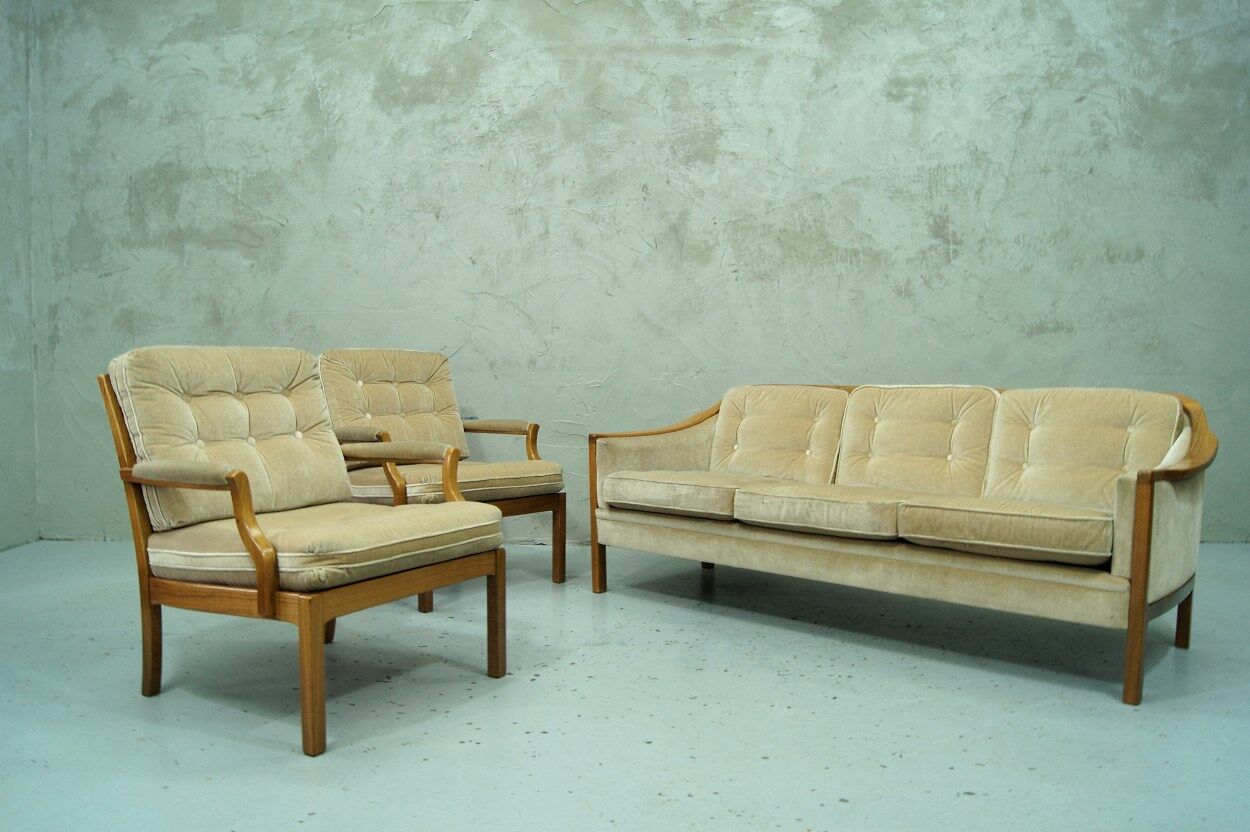 Scandinavian teak & velvet living room set, 1960s