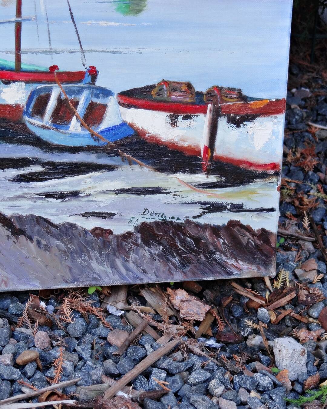 Huile sur toile scène portuaire de Saint Malo signé Jean Pierre Devilliers