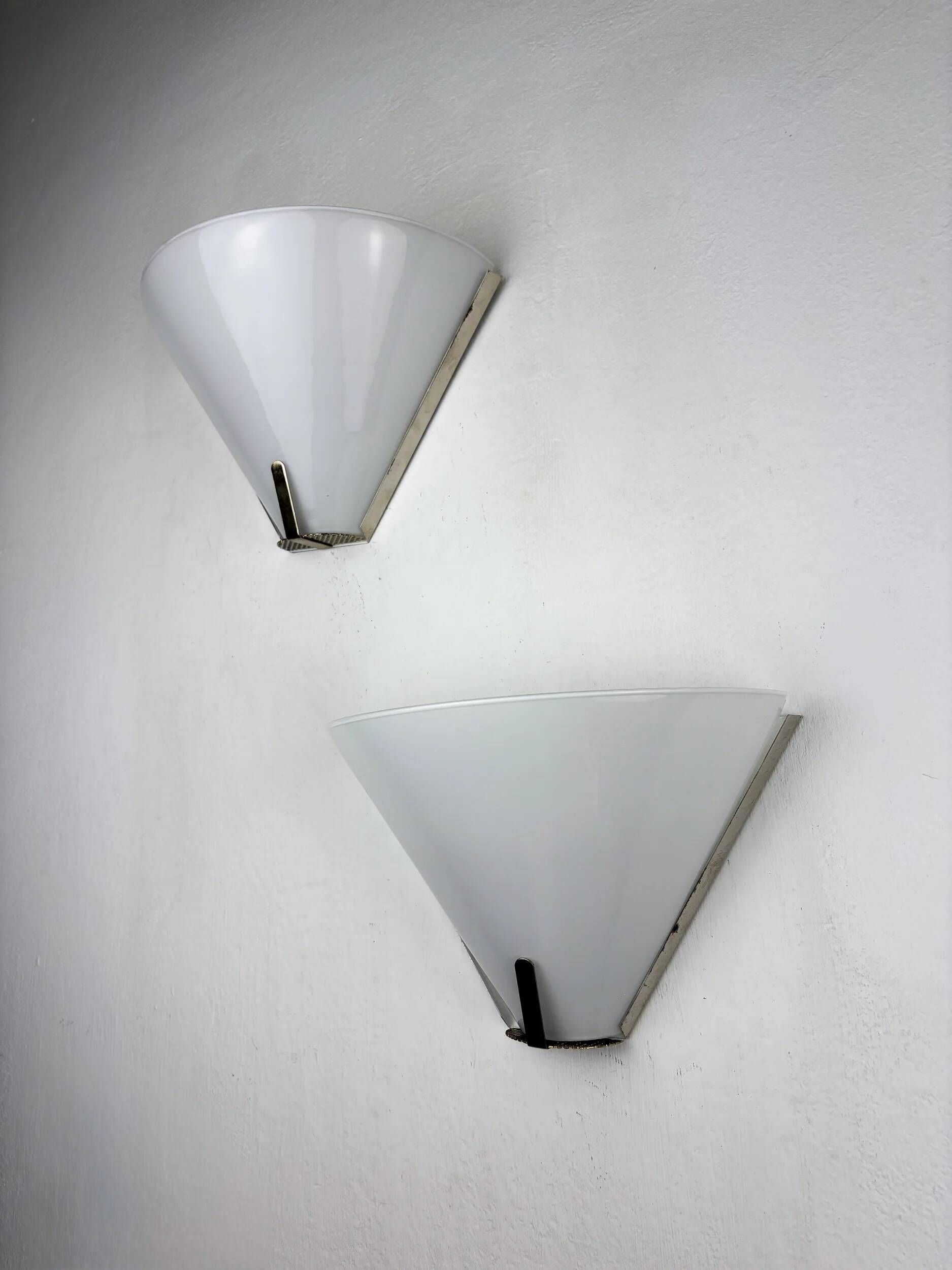 Pair of mid-century conical opal glass wall lights, Italy 1960s