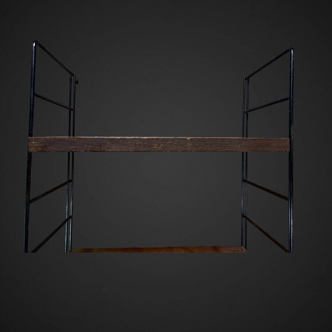 60's string wall shelf black lacquered metal oak, vintage