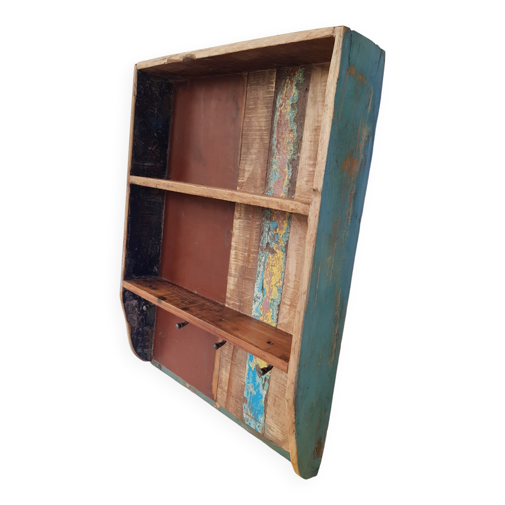Wall shelf 3 shelves + 4 hooks cast iron in polychrome wood