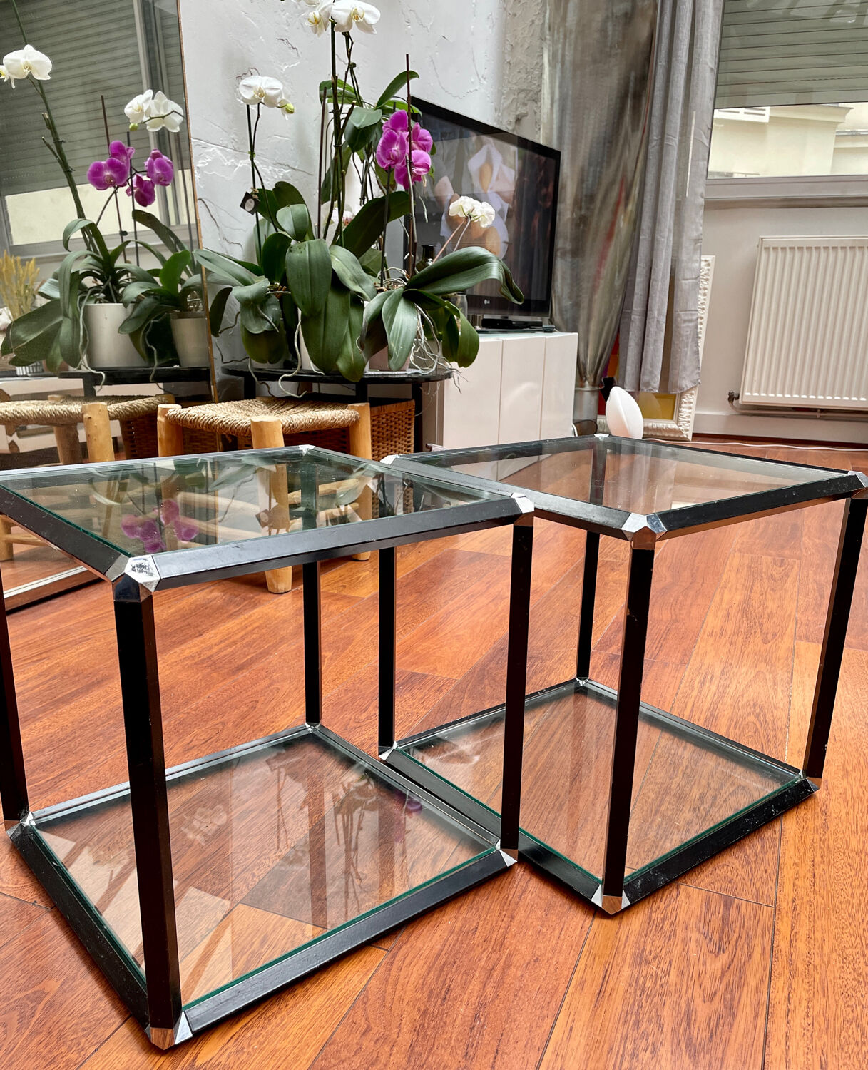 Glass and metal side tables
