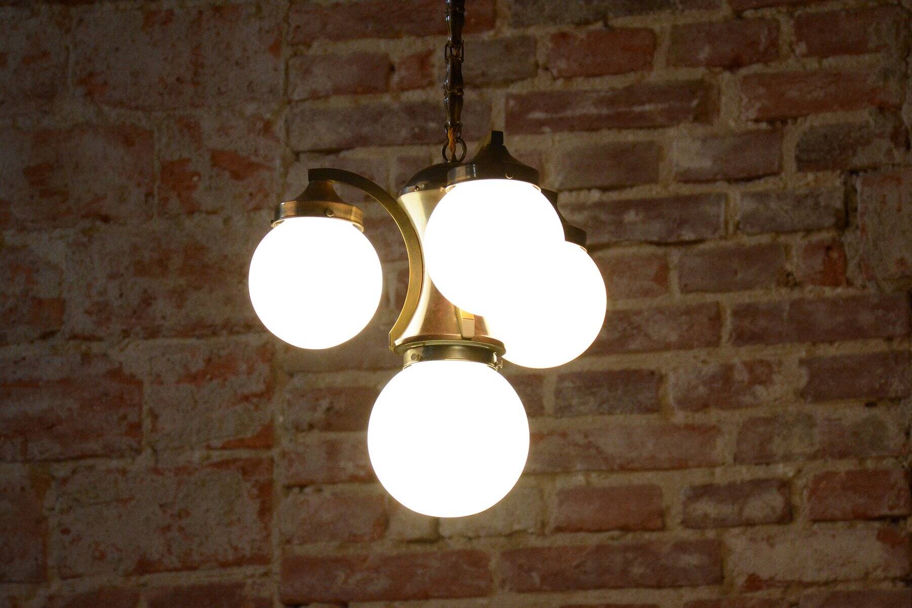 Art Deco Dissociative Chandelier in Brass and Opaline Glass, Czech, 1920s