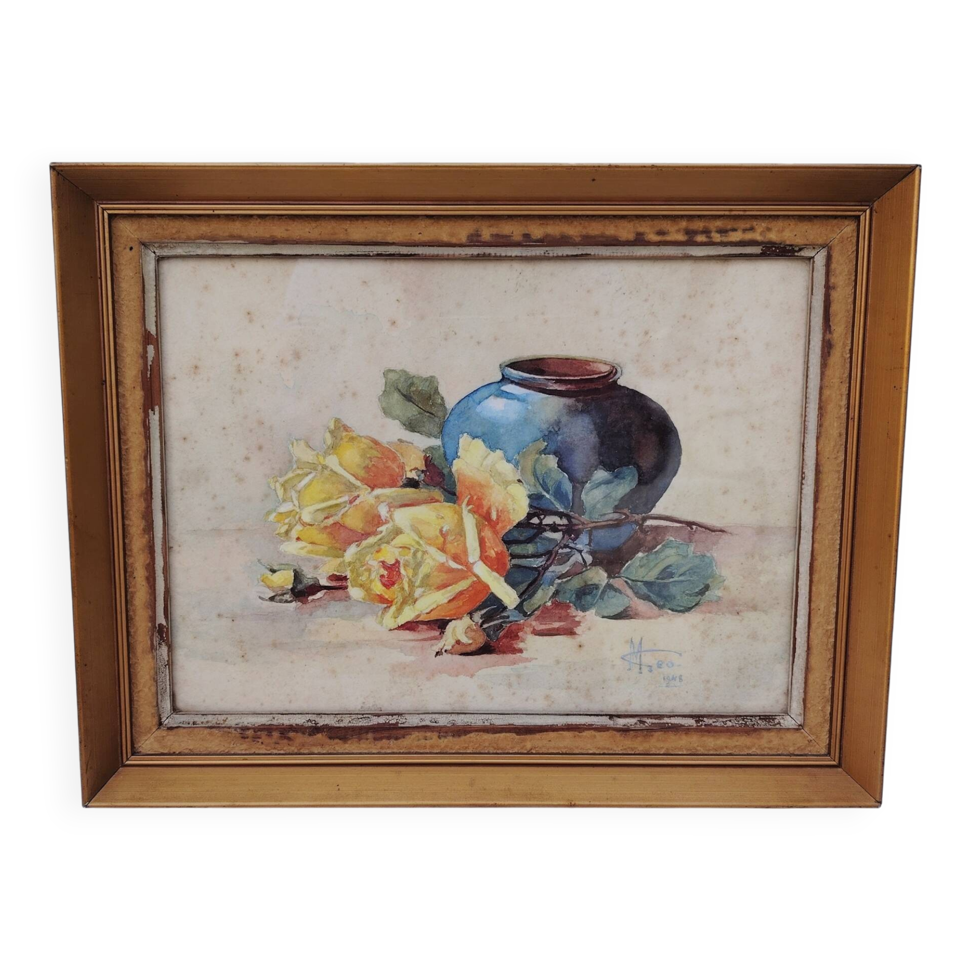 Watercolor bouquet of roses in preparation, Géo, 1948