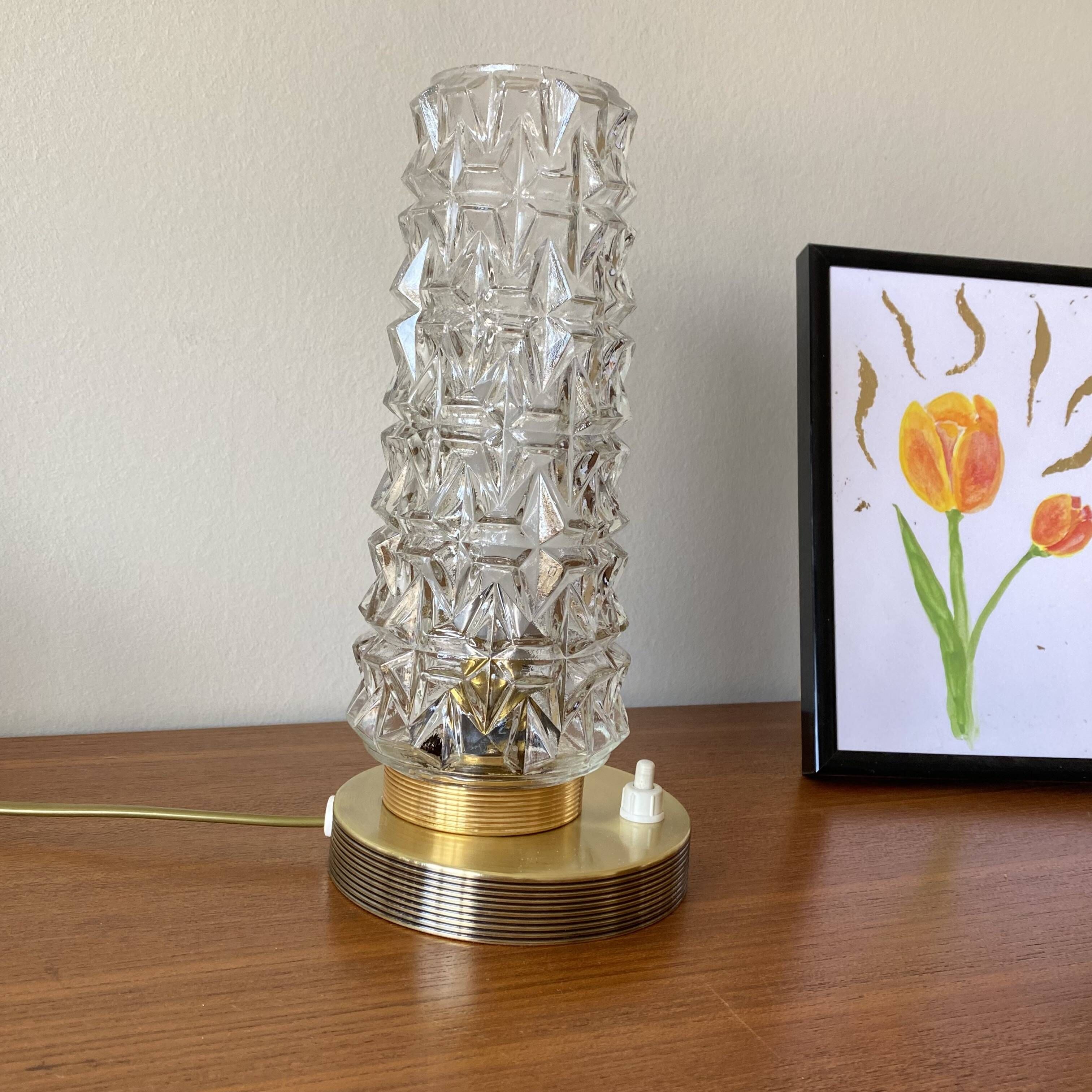 Vintage tulip-shaped table, desk, and bedside lamp with antique glass shade and brass base